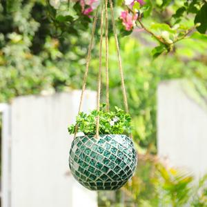 Ceramic Hanging Planter Mosaic Hanging Flower Pot Small Plant Pot for Indoor Plant Disco Ball Planter with Drainage (Square Green)