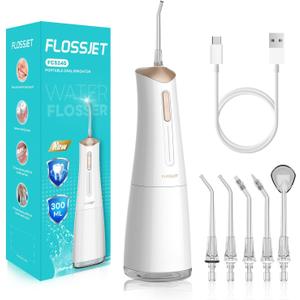 Water Dental Flosser Cordless Oral Irrigator with 300ml 5 Tips 4 Modes USBCharger Portable Travle Irrigation Cleaner IPX7 Electric Irrigador Dental for Teeth Cleaning (White)