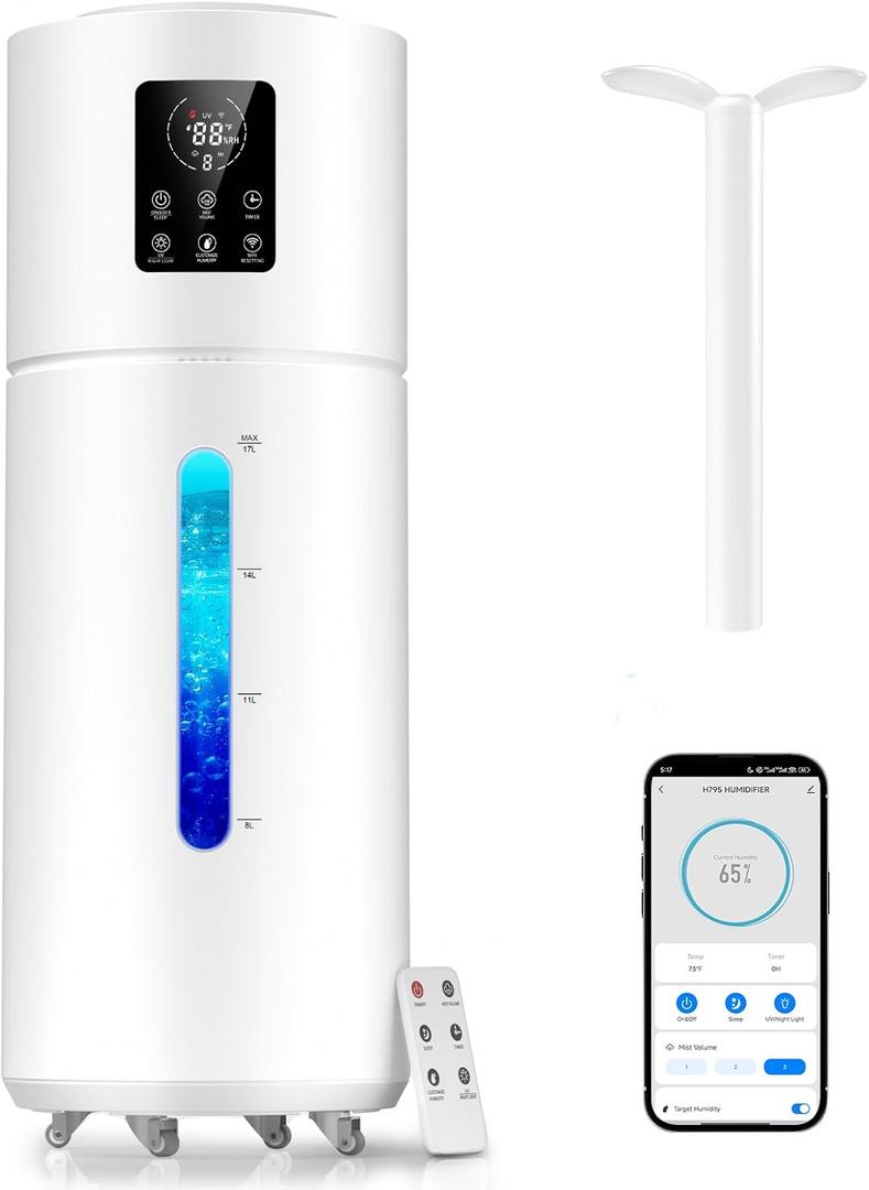 Smart Humidifiers for Large Room Bedroom Home 1800 sq.ft, 17L/4.5Gal Large Humidifier with Extension Tube & 3 Mist Modes, Top Fill Whole House Cool Mist Humidifiers for Plant Commercial Office (White)