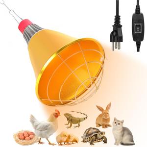 FHTONGE Waterproof Chicken Coop Heated Lamp Shell Ceramic E26 Socket with Cord, Adjust-Heat Brooder Light Clamp Dome Aluminum Reflector, Reptile Heating Lampshade Fixture, Poultry Heat Bulb Clip Hold
