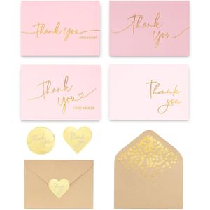 Winoo Design 100 PK Pink and Gold Thank You Cards with Envelopes Bulk - 5 x 3.5 Inches Personalized Thank You Notes for Baby Shower Wedding Small Business Graduation Funeral Birthday