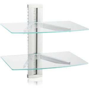 suptek 2 Tiers Glass Floating Shelves, Flat Black Wall Mount Bracket, AV Shelf, Media Shelf for DVD Player / PS4 / Cable Boxes/Game Consoles/Sky Box/TV Accessories, 17.6kg Load Capacity