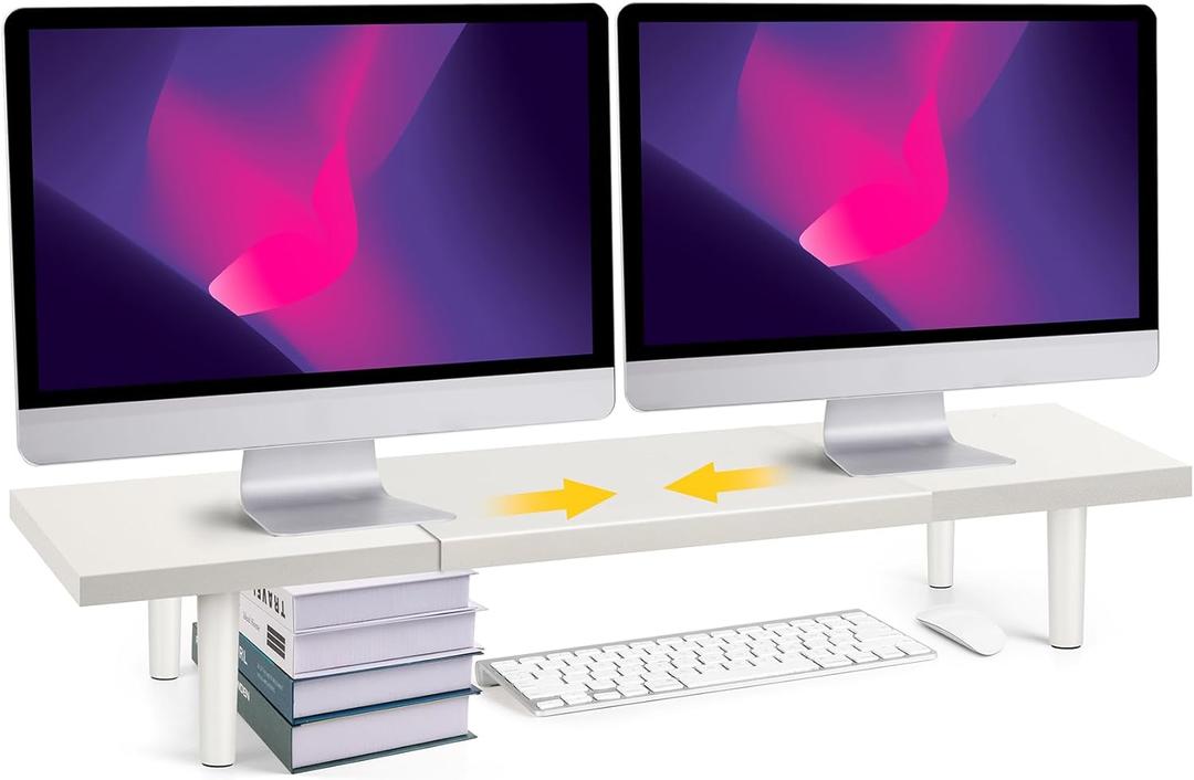 Across-Star Dual-Monitor-Stand-Riser-For-Desk Adjustable Length 32-40 Inch，Large Desktop Computer Monitor Riser For 2 Screens Desk Shelf Organizer Riser Stand For Computer/ Laptop/ PC/ Printer/ TV White