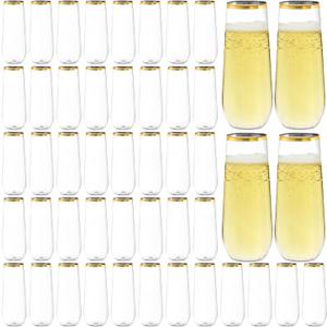 Hacaroa 48 Pack Plastic Stemless Champagne Flutes, 9 Oz Clear Toasting Glasses Highball Cups BPA-Free, Disposable Mimosa Glasses for Wine, Cocktail, Bar, Party, Wedding, Shatterproof, Gold Rim