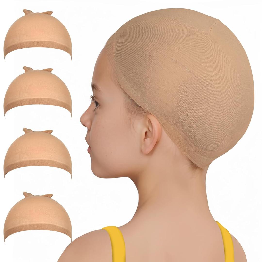 Fandamei Wig Cap, 4PCS Wig Cap for Kids Light Brown. Stretchy Stocking Caps for Wigs, Natural for Halloween, Cosplay.