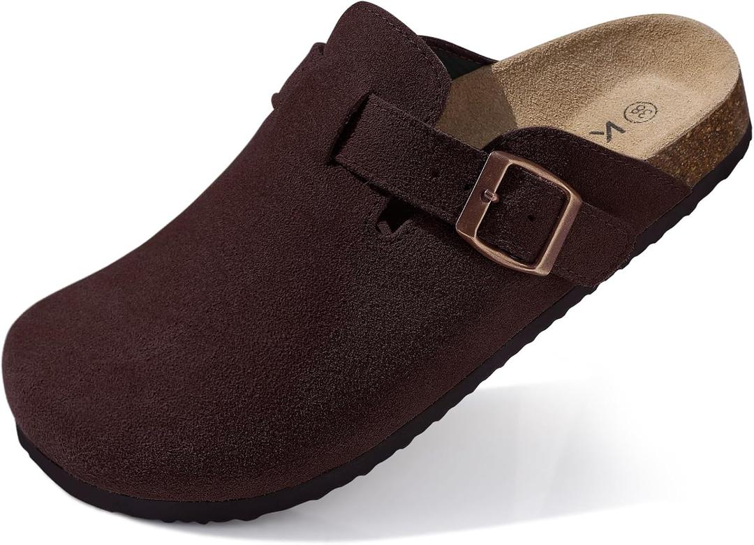 KIDMI Genuine Suede Clogs for Women Cork Footbed Sandals Leather Mules Potato Shoes with Arch Support (7.5-8, Coffee)