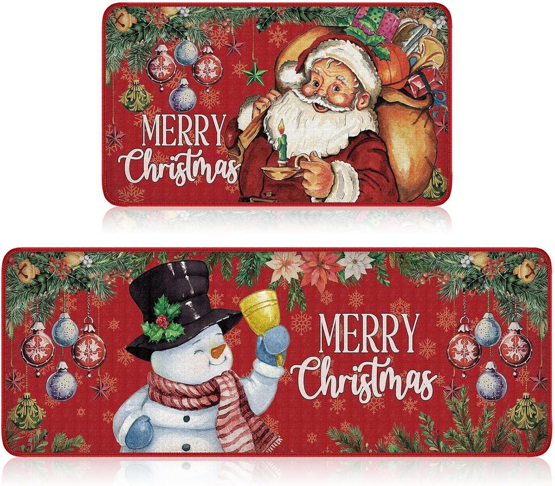 Ceenna 2 Pcs Christmas Kitchen Rugs and Mats Set Winter African Santa Snowman Angel Vintage 17 x 30, 17 x 47 Inch Home Floor Bathroom Door Mat for Holiday Decor