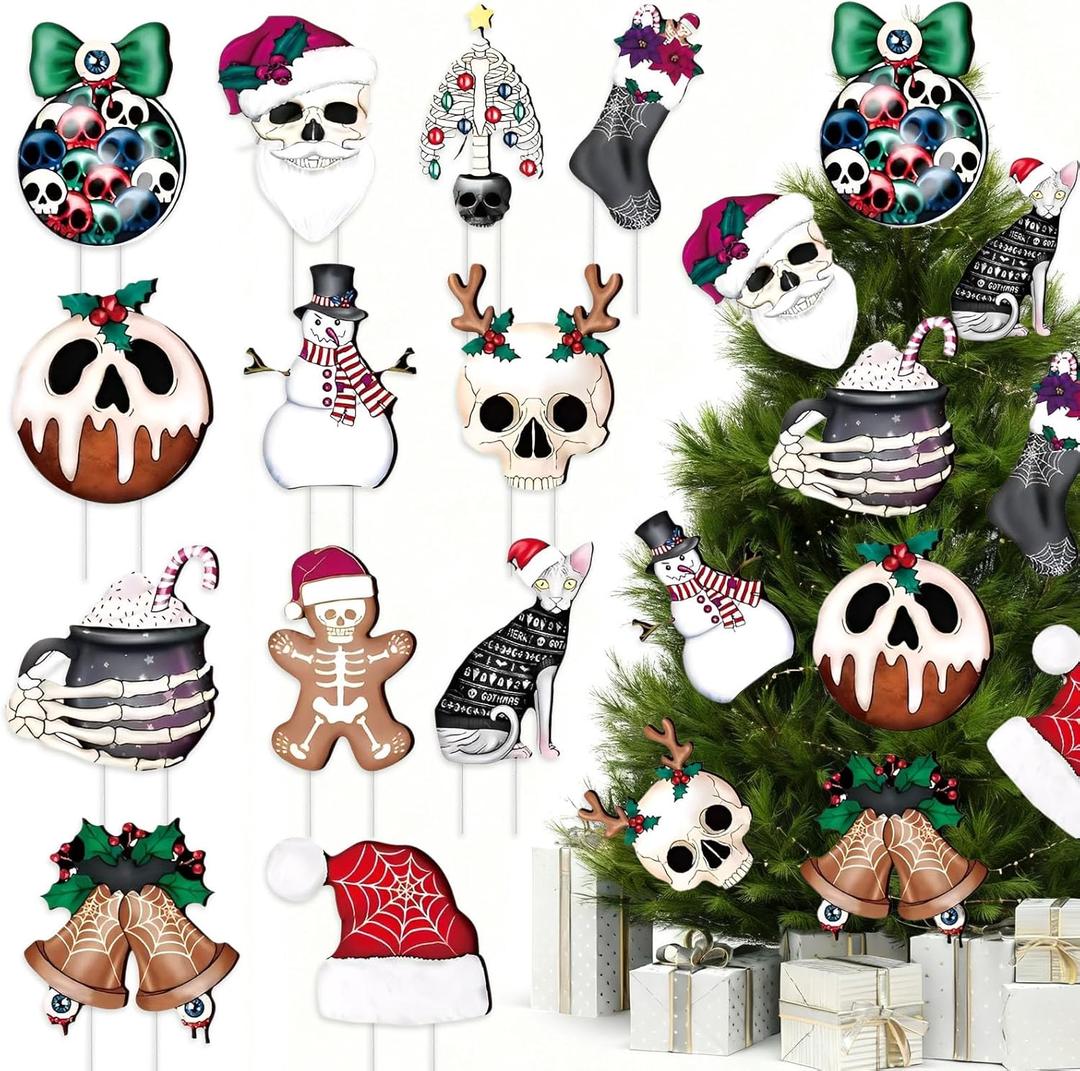 2 x 12 PCS Large Horror Christmas Decorations 3D Spooky Creepy Christmas Tree Picks Gingerbread Man Ghost Snow Prop Zombie Signs Lawn Outdoor Decor for Xmas Tree Topper Home School Office Vase Patio Dcor