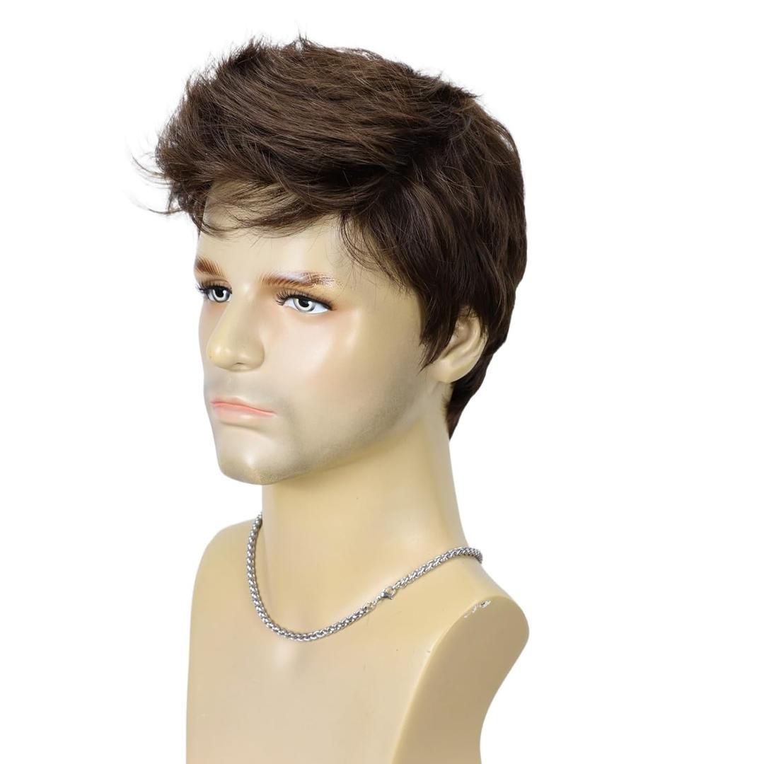 Mens Brown Wig Short Layered Natural Fluffy Synthetic Hair Wig Heat Resistant Halloween Cosplay Party Music Festival Wigs for Handsome Male Man