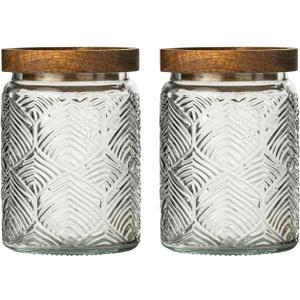Snminetal Vintage Glass Kitchen Storage Counter Jar, Kitchen and Pantry Glass Storage, with Airtight Wood Lid for Cookies, Candy, Coffee Tea Beans, Grains,Food Storage Containers (leaf-pattern*2)