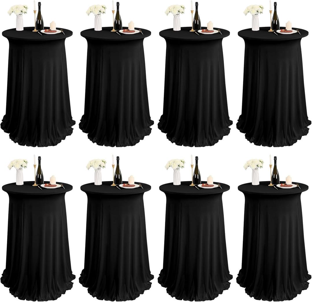 8 Packs Round Cocktail Table Skirt 24"x 43" Spandex Stretch Cocktail Tablecloth with Wavy Drapes, Black Spandex Fitted High Top Table Covers for Wedding, Bar, Party, Banquet