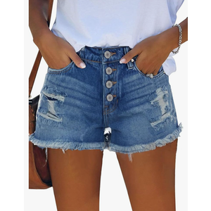 OLUCKY Women's Casual Summer Denim Shorts Mid Waisted Stretchy Ripped Jean Shorts with Pockets Medium, Blue 