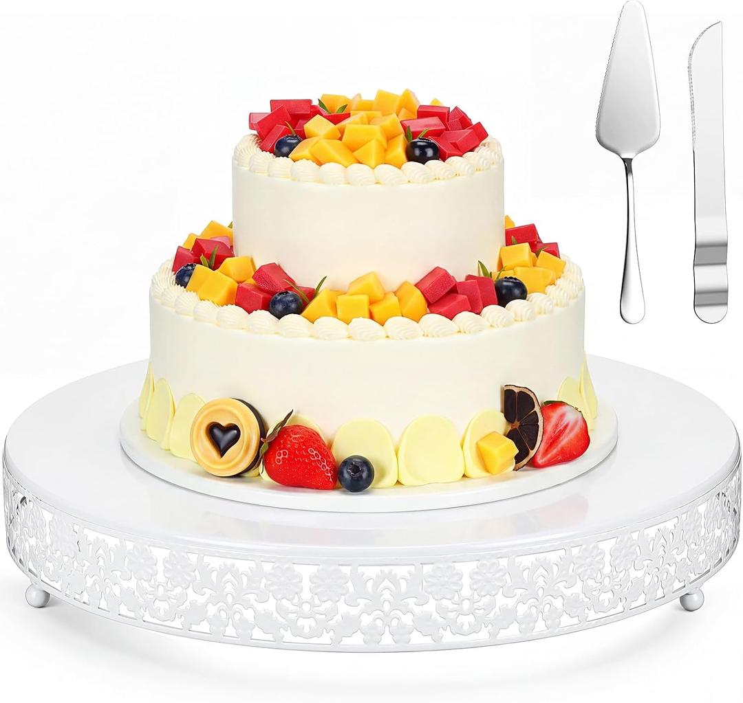 Wenqik 16 Inch White Cake Stand Set Metal Round Cupcake Dessert Stand with Cake Cutting, Flower Spatula Wedding Cupcake Pastry Display Candy Holder Display for Wedding Party Birthday Baby Shower