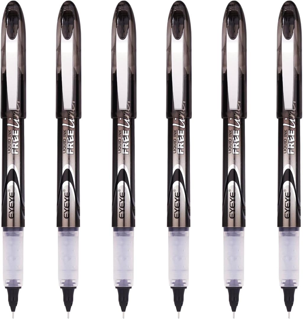 2 x EYEYE 0.5mm Black Needle Tip Rollerball Pens Pack of 6, Quick Dry Liquid Ink Roller Ball Pen Extra Fine Point Pens Fine Point Smooth Writing Pen for Journaling, Note Taking, Office, School Supplies