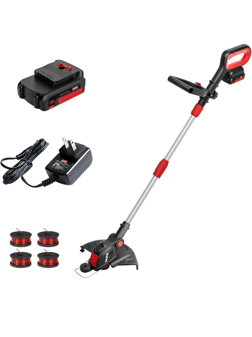 MZK 20V 12'' Cordless String Trimmer, Grass Trimmer&Edger with 4 Replacement Spools, Battery Powered Lightweight Weed Trimmer with Auto Line Feed(Battery and Fast Charger Included)