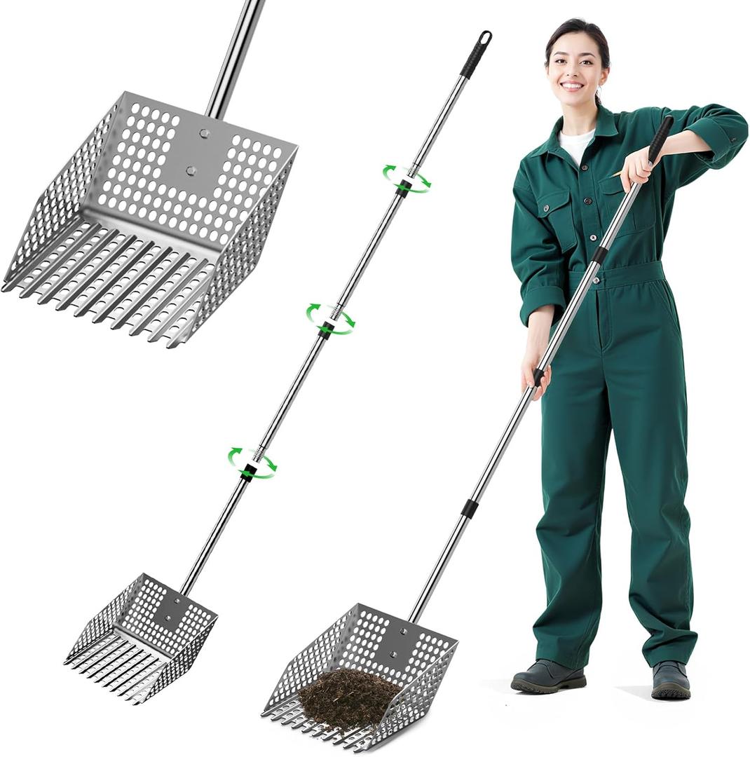 Stainless Steel Chicken Poop Scooper & Rake - Heavy-Duty 2-in-1 Sand Sifter Shovel with Long Handle Adjustable Length for Coops & Small Farms