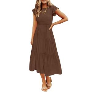 ZESICA Women's 2025 Summer Casual Flutter Short Sleeve Crew Neck Smocked Elastic Waist Tiered Midi Dress,Coffee,  Size M