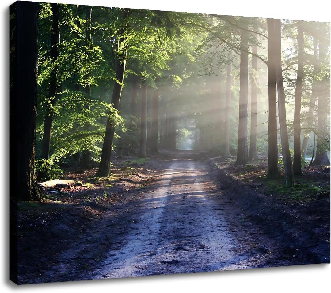 Landscape Canvas Poster Print Wall Art Nature Forest Sunrise Wall Decor Picture Trees Beautiful Scenery Green Theme Painting Artwork for Modern Home Bedroom Kitchen Stretched and Framed [24''Wx18''H]