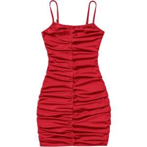 EXARUS Girls Spaghetti Strap/Long Sleeve Formal Dresses Teen Bodycon Ruched Party Prom Dance Graduation Fancy (10 Years, Plain Red)
