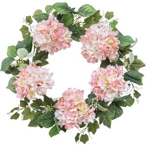 Pink Hydrangea Spring Wreath, 18 Inch Outdoor Summer Decor w/Eucalyptus & Hydrangea Leaves, Farmhouse Indoor Wreath for All Seasons
