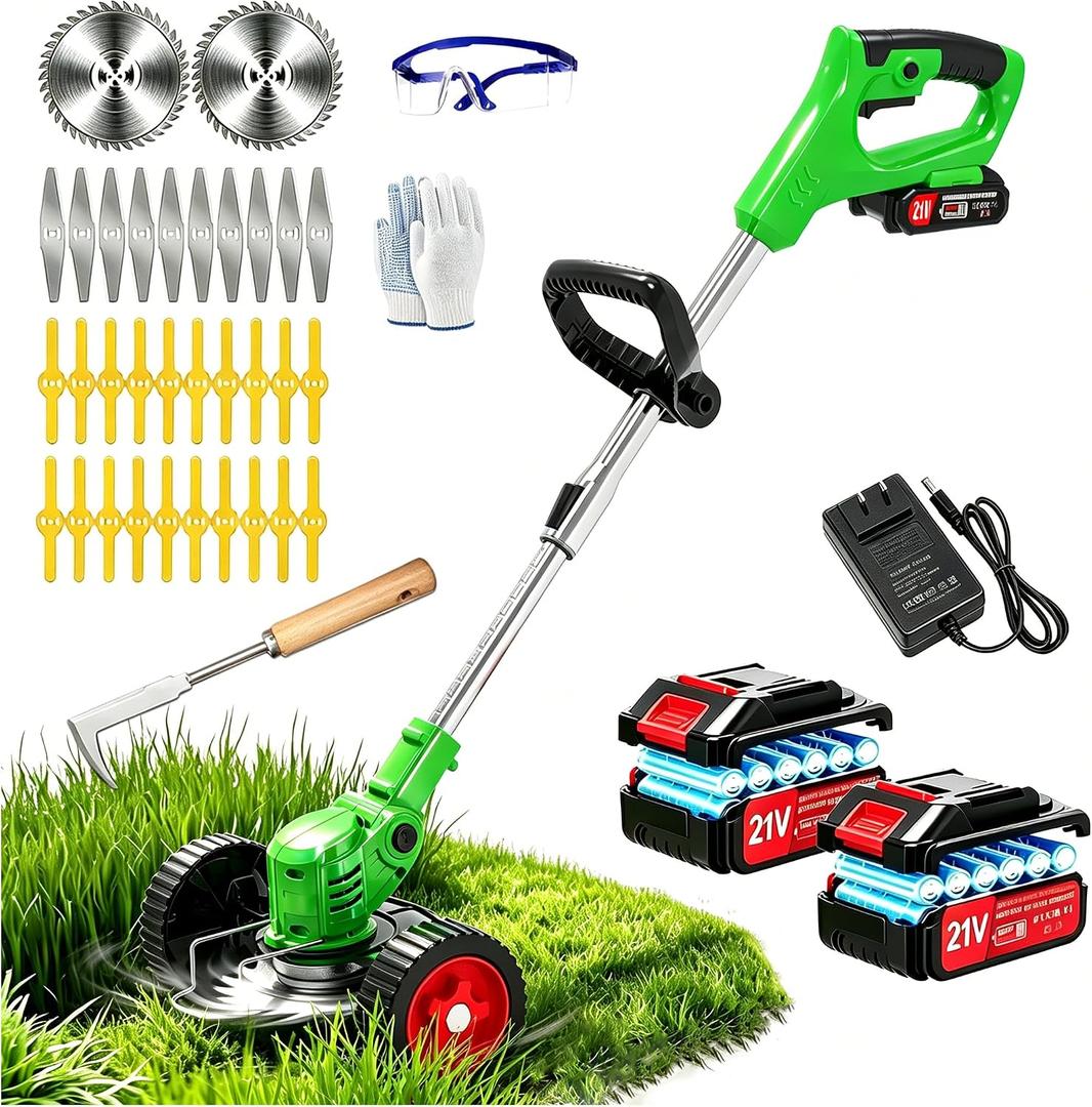 Electric Weed Wacker Battery Powered Weed Eater, 21V Cordless String Trimmer Battery Operated with Wheels & Metal Blades, Lightweight 4 in 1 Grass Trimmer/Brush Cutter/Lawn Edger/Mower for Garden Yard, 35 inches