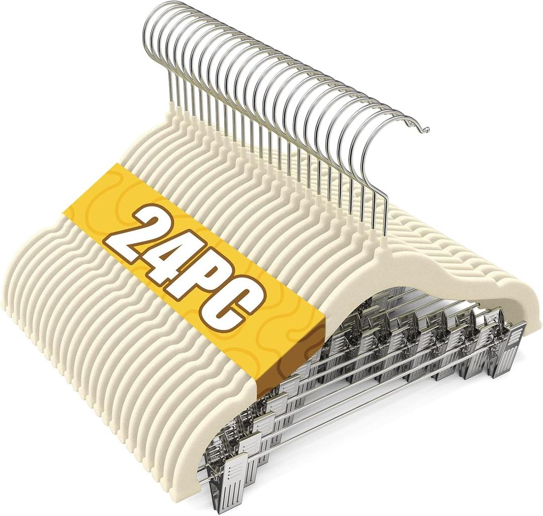 Flottian 24-Pack Baby and Kids Velvet Hangers with Clips, Non Slip and Space-Saving Kids Pants Hangers for Baby/Toddler Pants, Skirts, Coats, Beige