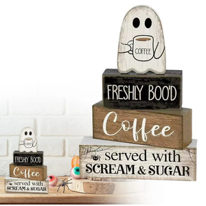 4 Packs Halloween Table Decorations-Coffee Ghost Wooden Signs Halloween Decorations Tiered Tray Decor Centerpiece Sign for Farmhouse Ghost Tabletop Coffee Bar for Home Office Kitchen Shelf Party 