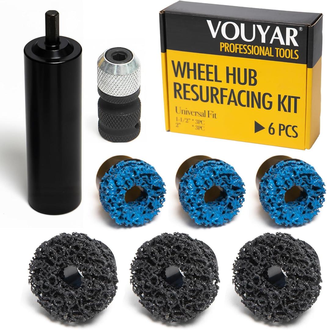 Wheel Hub Resurfacing Kit, Metal Housing, Brake Surface and Stud Cleaner, Includes 6Pcs 1.5" and 2" Brake Disc Cleaning Pads, 1/4 Hex Shank with 1/2" Impact Driven Wrenches Adapter