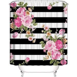 Floral Stripe Shower Curtain Pink Flower Fabric Shower Curtain Sets Bathroom Decor with Hooks Waterproof Washable 72 x 72 inches Black White Green