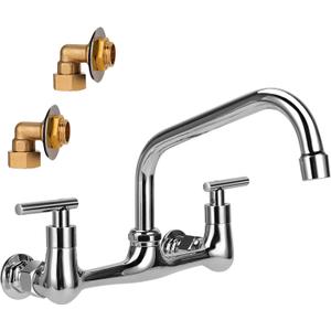 8" Center Wall Mount Faucet, Commercial Kitchen Sink Faucet with 8" Swivel Spout 2 Handle Wall Mount Utility Sink Faucet for Restaurant & Laundry Room & Compartment Sink