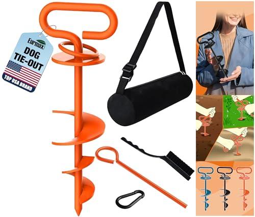Eurmax USA Dog Tie Out Stake Triple Lock Heavy Duty Dog Anchor for Large Dogs Trampoline Stakes Dog for Yard and Outdoor Dog Runner Install & Travel Kit Included,1-Pack(Orange)