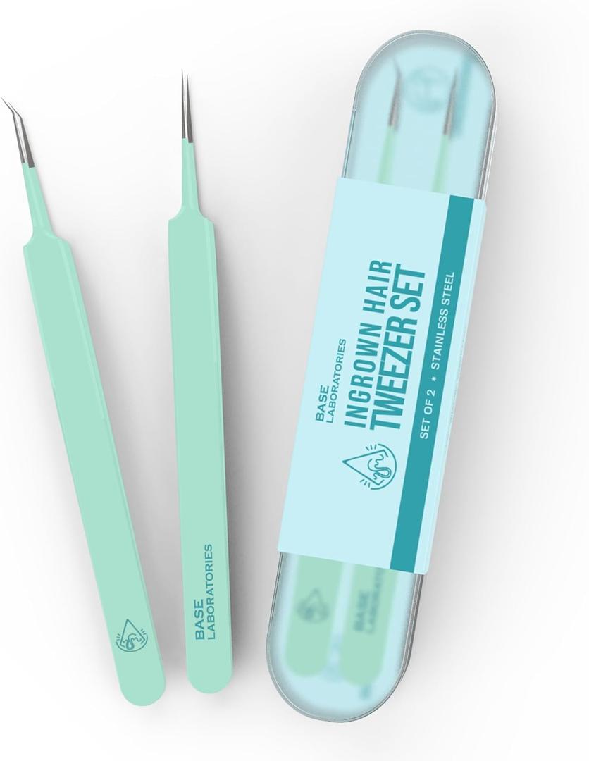 Base Labs Ingrown Hair Tweezers Set 2 Pack Precision Tweezers for Ingrown Hair Removal, Curved & Pointed Tip Stainless Steel Tweezers with Protective Case for Razor Bumps, Splinters & Facial Hair