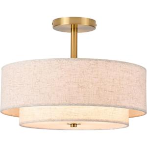 15.7 inch Modern Ceiling Light, Double Fabric Ceiling Lamp, 3 Light Gold Semi-Flush Mount Ceiling Lights, Round Ceiling Light Fixture for Bedroom, Kitchen, Dining Room, HallwayLiving Room