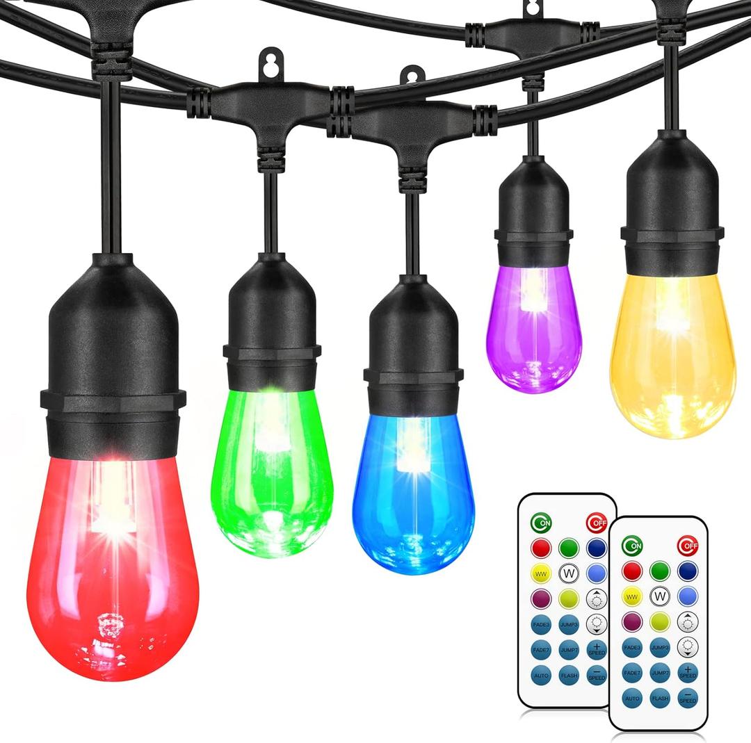 Mlambert 48FT Outdoor Patio Lights Waterproof Dimmable with Remote, RGB Cafe LED String Light with 15 Shatterproof Bulbs for Bistro Party-Black 1 Pack Mlambert 48FT Outdoor Patio Lights Waterproof Dimmable with Remote, RGB Cafe LED String Light with 15 Shatterproof Bulbs for Bistro Party-Black 1 Pack