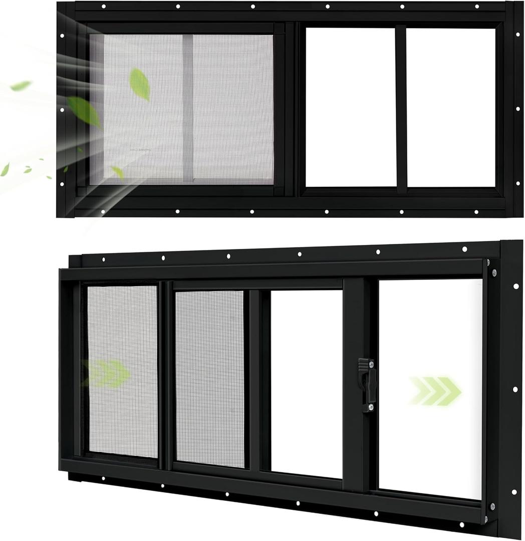 2 Pack Shed Windows, 10"x 18" Black Sliding Window Suitable for Chicken Coop, shed, Household, Barn - Transom Window with Tempered Glass and Fiberglass Screen (BK,10''x 18'')