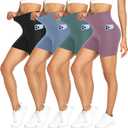 FULLSOFT 4 Pack Biker Shorts for Women – 5" High Waist Tummy Control Workout Yoga Running Compression Exercise Shorts with Pockets(4 Pack Black/ Pink/ Ins Green/ Blue, Large-X-Large)