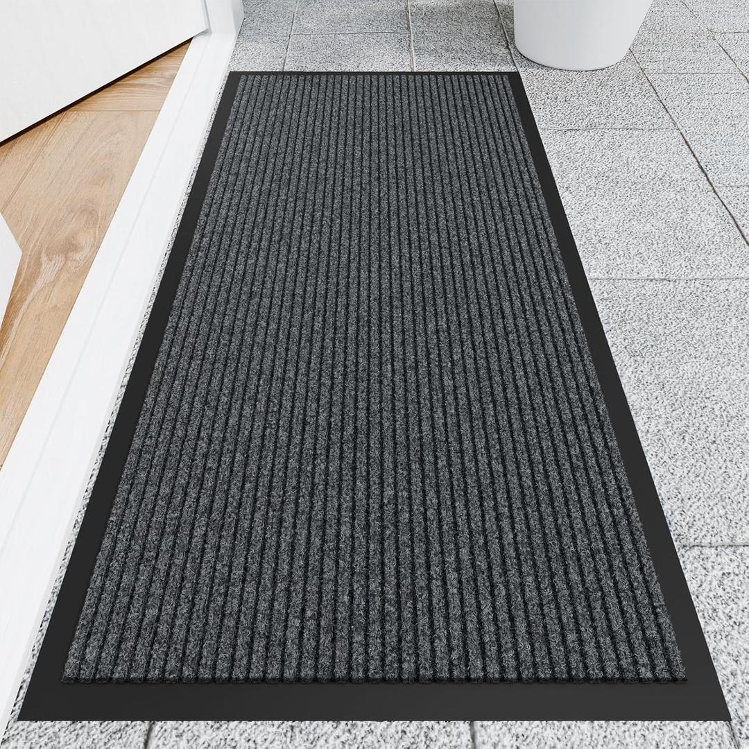 Front Door Mat, 2' x 4' Heavy Duty Indoor Outdoor Door Mat for Entryway, Commercial Door Mats Entrance, Low Profile Welcome Mats Non-Slip, Durable Rubber Backing Entry Mat for Patio, Home (Gray-stripe)