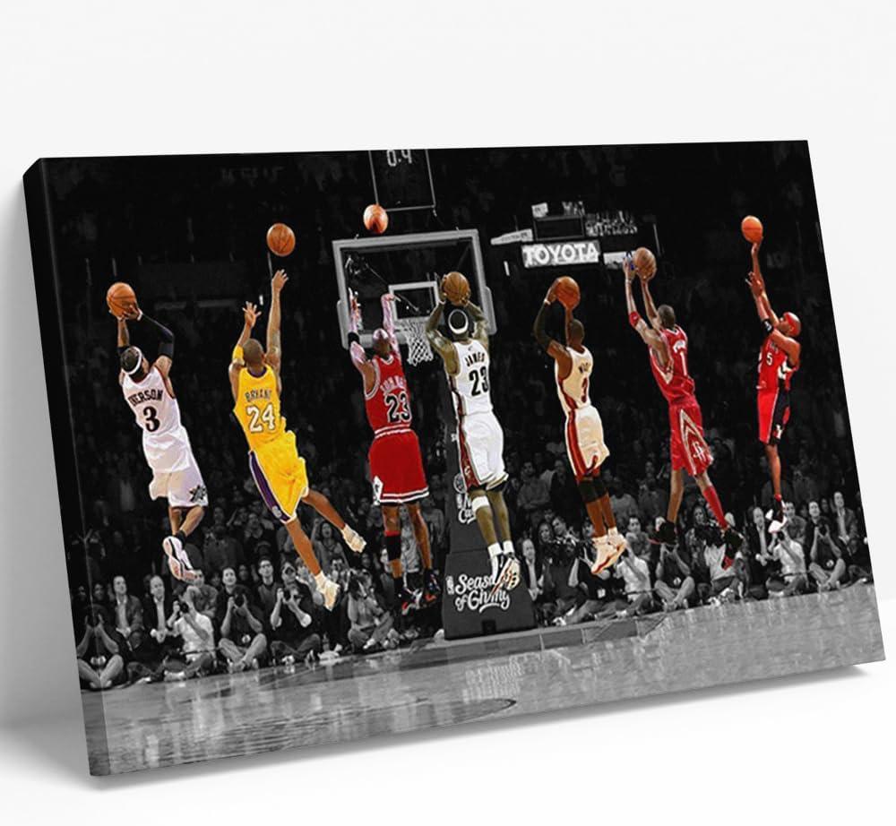 Basketball Legends Canvas Wall Art Iconic Basketball Superstar Shooting Artwork Poster Print Inspirational Sports Wall Art for Basketball Fans Boys Bedroom Gaming Room Home Office Framed 12"x16"