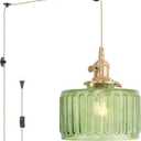 Plug in Pendant Light Hanging Light Fixture Corded On/Off Switch Brass Pendant Light with Green Striped Glass Lampshade for Bedroom Living Room Kitchen Island (Plugin 1 pack)