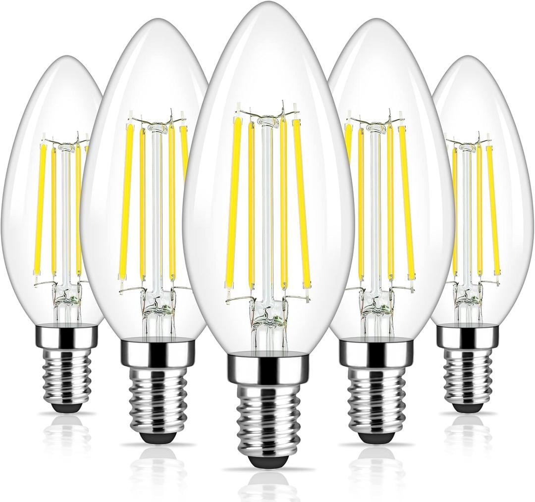 Brightever E12 Candelabra LED Light Bulbs 60 Watt Equivalent, 620 Lumen 6W C32 B11 Clear LED Filament Candle Bulbs, Dimmable Daylight White 5000K Chandelier Light Bulbs for Ceiling Fan, Pack of 5