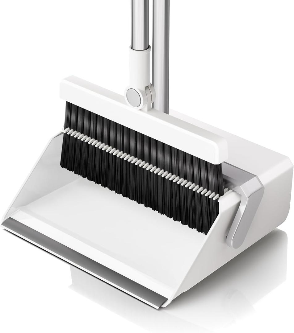 Broom with Dustpan Combo Set,UOEOS One-Sweep Clean,Pet Hair Removal Broom with Self-Cleaning Double-Layer Teeth,High Density Broom and Windproof Dustpan for Indoor&Outdoor (Gray)