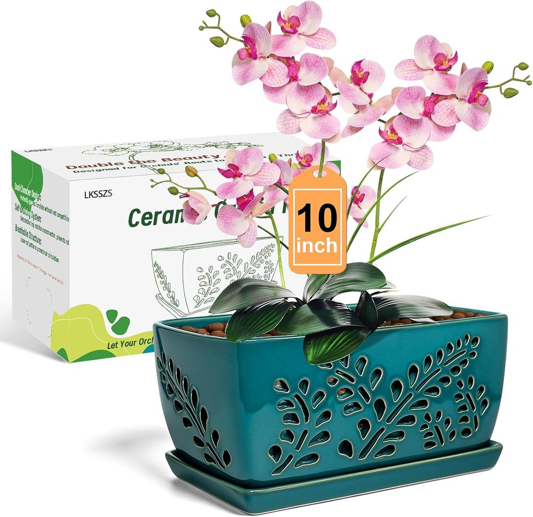 Ceramic Orchid Pot, 10 Inch Orchid Pots with Holes, Premium Thickened Handmade Glazed Pot for Orchidaceae Plants, Indoor Outdoor Decorative Flower Pots for Easy Repotting (Teal)