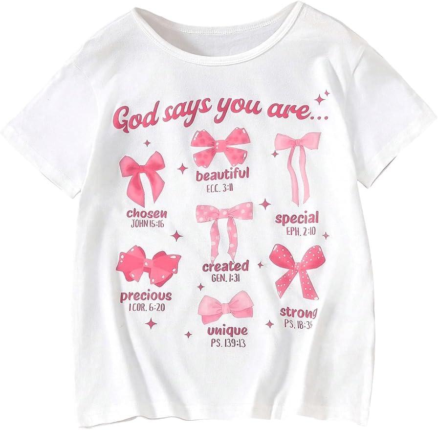 BEAUDRM Girl's Bow Shirt Cute Graphic Tees Letter Print Short Sleeve Crew Neck Summer T Shirt 11Y