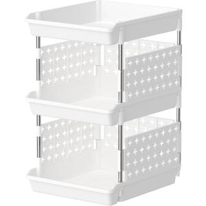 Lifewit Plastic Stackable Storage Baskets, 3 Tier Stacking Bins for Closet Wardrobe, Playroom, Kitchen and Pantry Organization, Large Capacity Multi-Functional Storage Containers Shelves, White