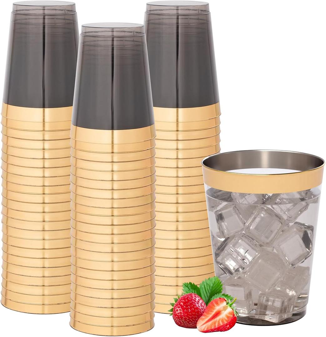 supernal 200 Pcs Gold and Black Plastic Cups,10Oz Gold Rimmed Disposable Cup,Heavy-Dut yPlastic Cocktail Cup for Party,Disposable party Wedding Cups,Perfect for Holiday,Birthday Party