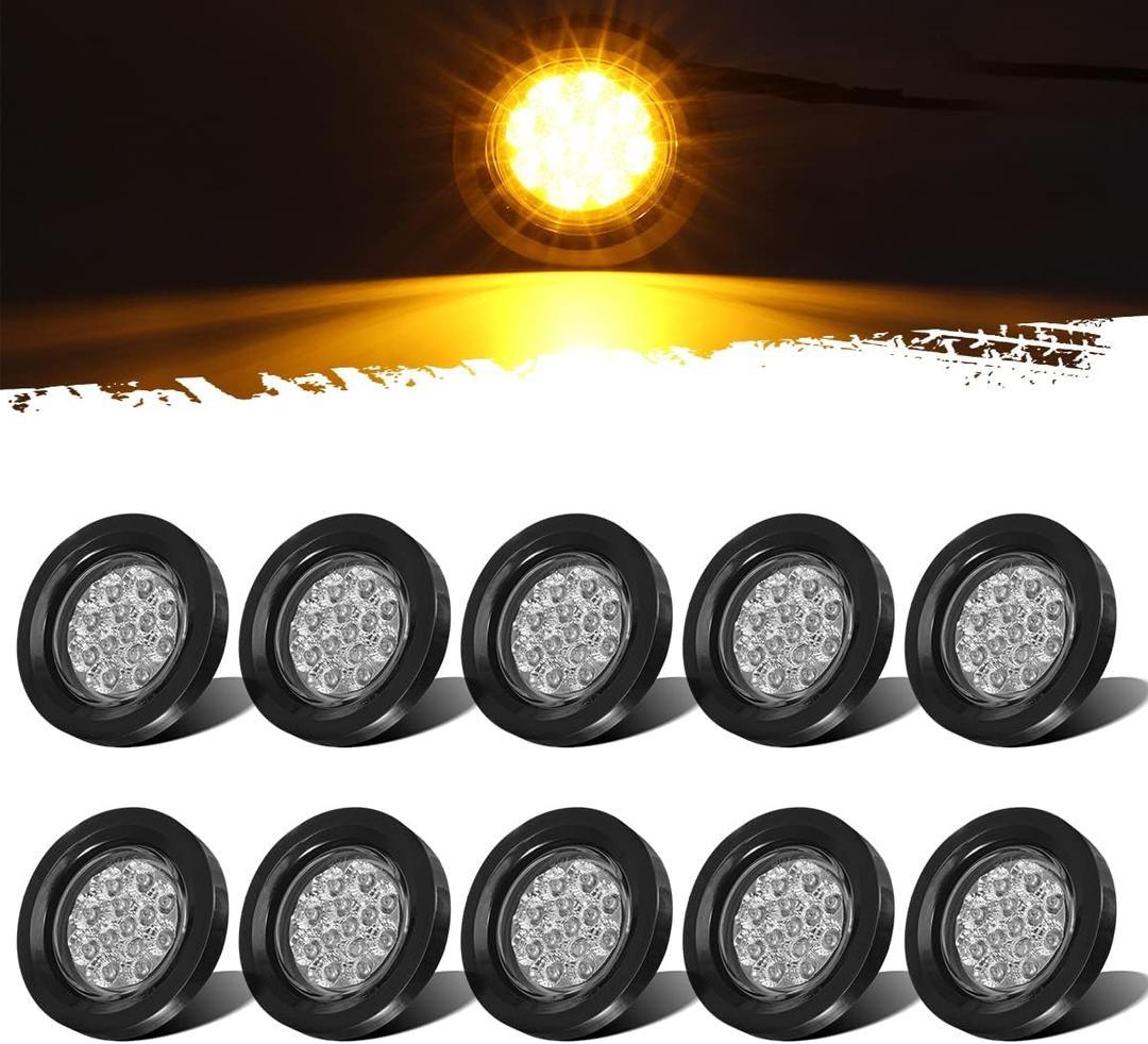 Partsam 10Pcs 2.5" Round Amber 13 LED Side Marker Clearance Lights with Reflectors for Truck Trailer RV, Grommets and Pigtails Include, Clear Lens, Sealed Waterproof, Flush Mount, 12V