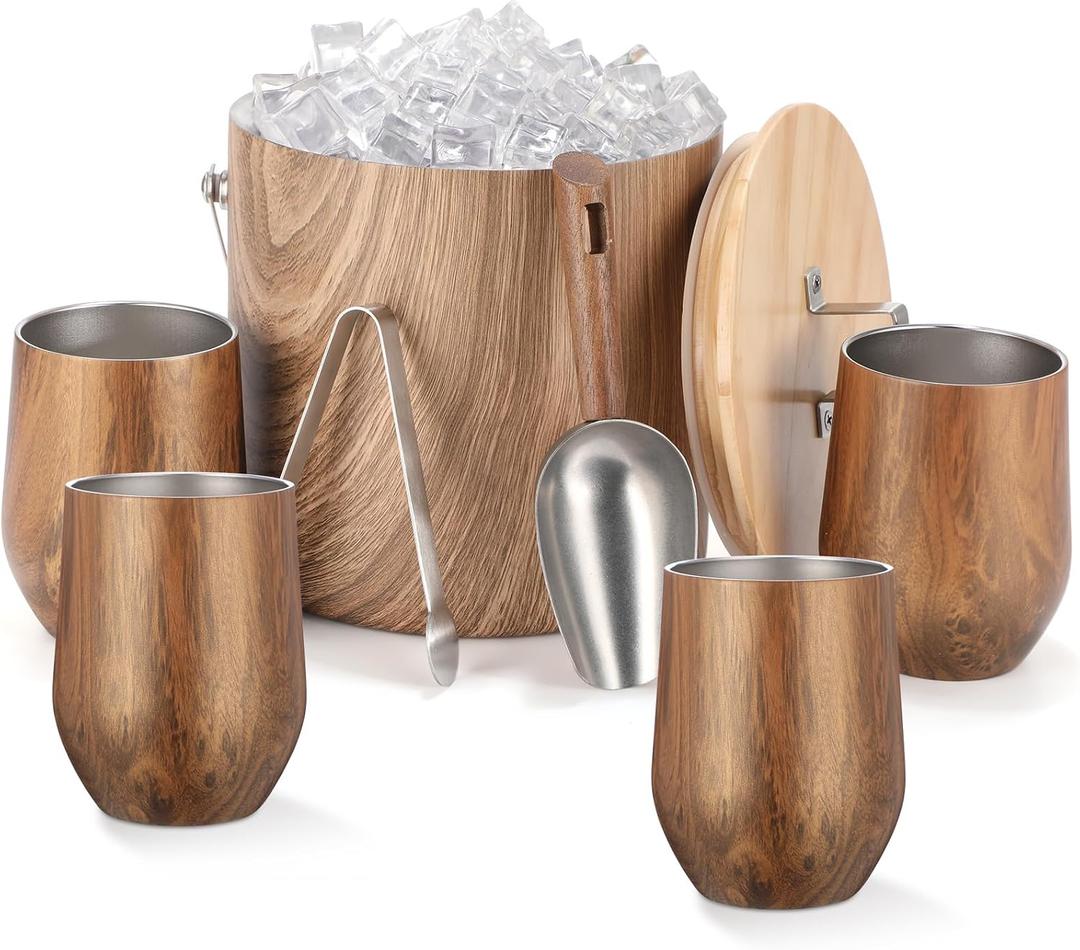 Meekoo Stainless Steel Ice Bucket for Parties,3L Double-wall Vacuum Insulated Ice Bucket with Lid, Scoop, Tong, and 4 Wood Texture Cups for Champagne, Cocktail, Home Barware, Bar, Outdoor Supplies