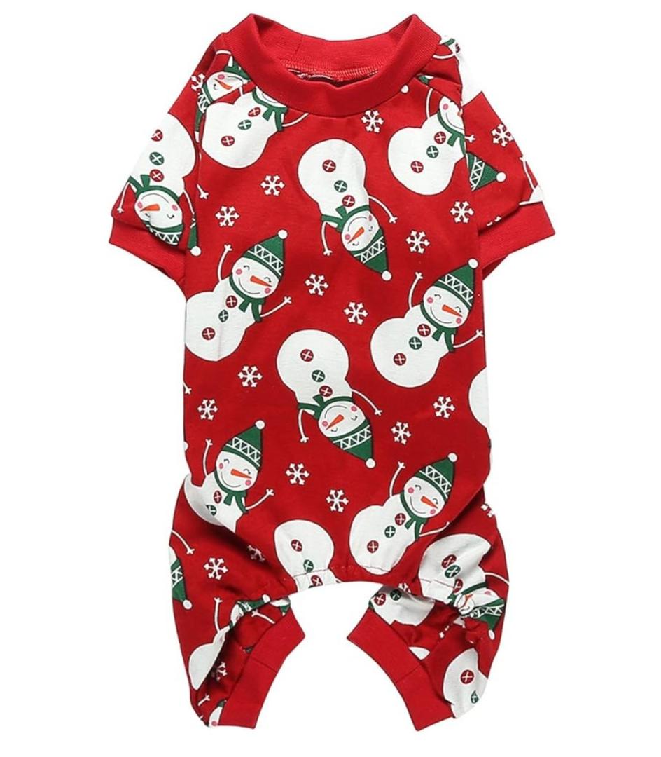 Lanyarco Snowman Pet Dog Christmas Pajamas PJS, Cute Cotton Snowflake Xmas Outfit for MEDIUM Dogs, Red Large Back Length 19"