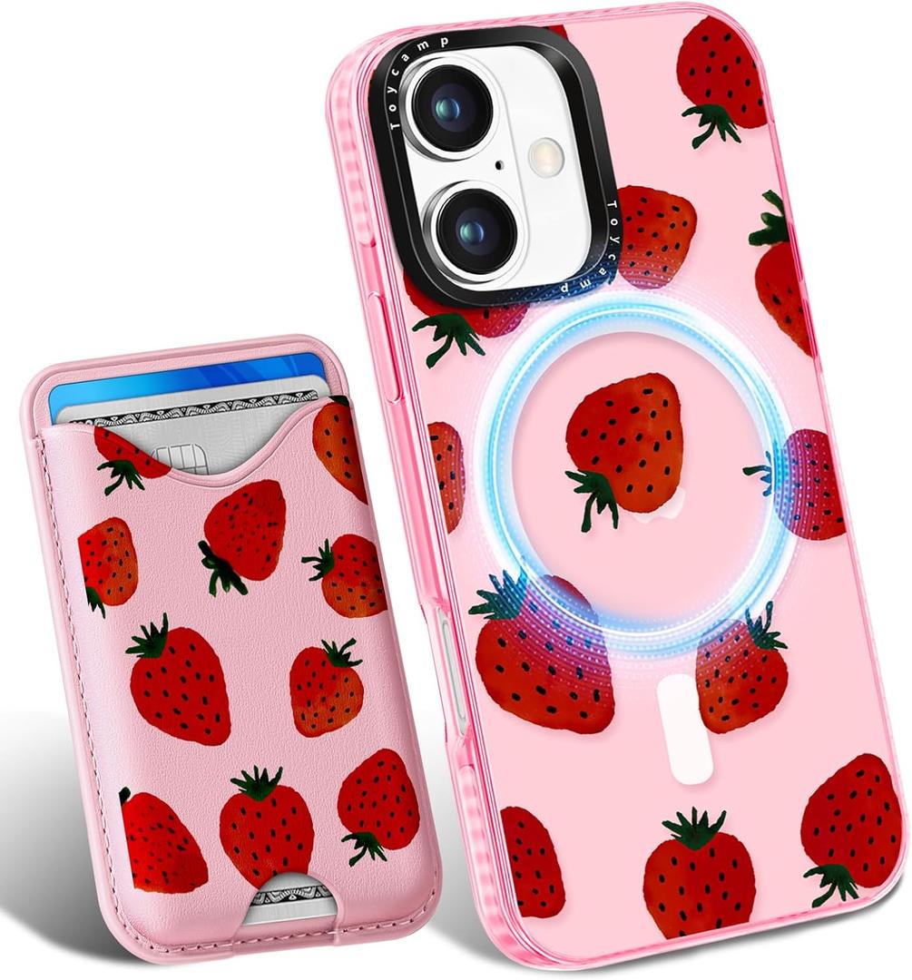 Toycamp for iPhone 17 Case - Compatible with Magsafe Credit Card Holder Wallet Magnetic Cute Women Teen Girls Kawaii Girly Unique Strawberry Design Phone Cover for Apple 17 Air