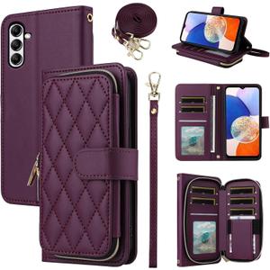 Argyle Wallet Case for Samsung Galaxy S24/S25 5G with Wrist Strap Shoulder Strap, Card Slot Zipper Purse Luxury PU Leather Stand Cell Phone Cover for S 24 24S 25 25S G5 Women Girls Deep Purple (Wine Red)